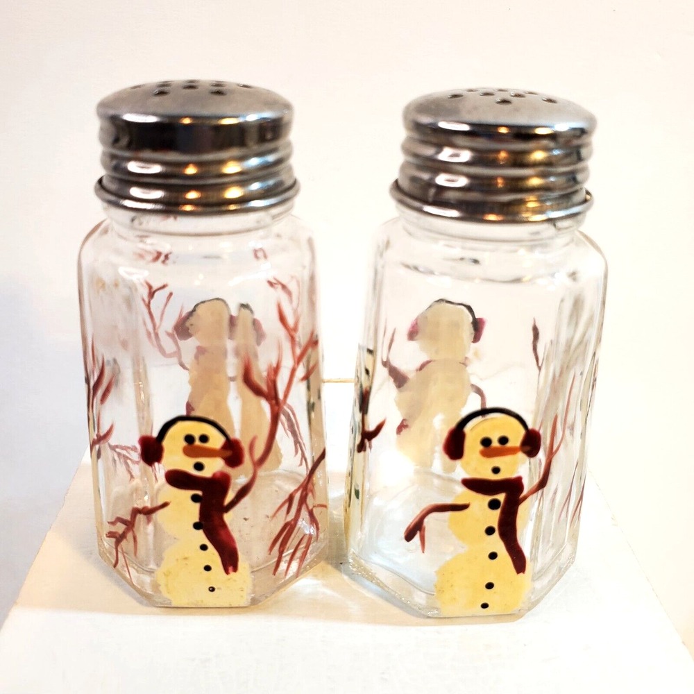Vintage Gemco USA Glass Hand Painted Snowmen Christmas Salt & Pepper Shakers 3"
